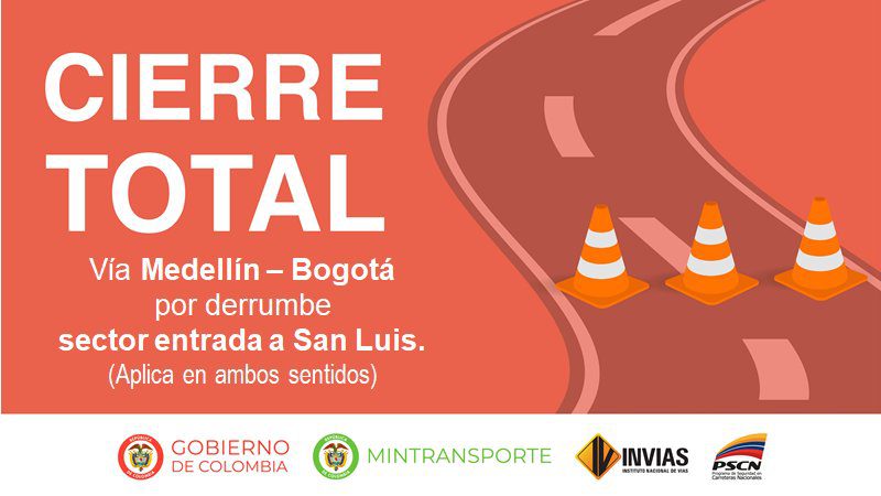 Cierre total en la autopista Medellín - Bogotá por derrumbes
